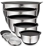 Mixing Bowls Set of 5, Wildone Stainless Steel Nesting Bowls with Airtight Lids, 3 Grater Attachments, Measurement Marks & Non-Slip Bottoms, Size 5, 3, 2, 1.5, 0.63 QT, Great for Mixing & Serving