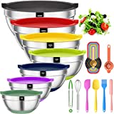 Mixing Bowls with Airtight Lids, 20 piece Stainless Steel Metal Nesting Bowls, AIKKIL Non-Slip Colorful Silicone Bottom, Size 7, 3.5, 2.5, 2.0,1.5, 1,0.67QT, Great for Mixing, Baking, Serving