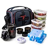 ThinkFit Insulated Meal Prep Lunch Box with 6 Food Portion Control Containers - BPA-Free, Reusable, Microwavable, Freezer Safe - With Shaker Cup, Pill Organizer, Shoulder Strap & Storage Pocket (Red)