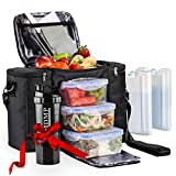Meal Prep Lunch Bag/Box For Men, Women + 3 Large Food Containers (45 Oz.) + 2 Big Reusable Ice Packs + Shoulder Strap + Shaker With Storage. Insulated Lunchbox Cooler Portion Control Set (Black)