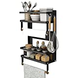 Magnetic Spice Rack,4 Tier Kitchen Magnetic Shelf for Refrigerator Fridge Organizer with 2 Paper Towel Holders and 5 Removable Hooks,Matte Black