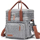 Movcompra Adult Insulated Lunch Box for Work, Expandable Large Lunch Bags for Women Men, Leakproof Double Deck Lunch Box Cooler Tote Bag with Removable Shoulder Strap (Grey)