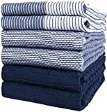 Premium Kitchen Towels (20”x 28”, 6 Pack) – Large Cotton Kitchen Hand Towels – Flat & Terry Towel – Highly Absorbent Tea Towels Set with Hanging Loop (Navy Blue)