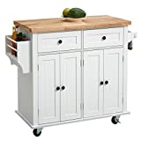Kitchen Island on Wheels with Storage, White Rolling Kitchen Island Cart with Drawers and Cabinets, Kitchen Cart with Rubberwood Countertop, Lockable Casters, Adjustable Shelves, White