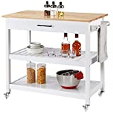 Yaheetech Kitchen Island Cart with Wheels, 3 Tier Rolling Utility Cart with 1 Drawer and 2 Spacious Storage Shelf 40'' L Solid Wood Countertop, White
