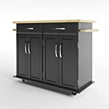 ZTOZZ March Kitchen cart on Wheels - Kitchen Island with Wooden top, 2 Drawers, 4 cabinets and 2 Towel Racks - Black Color