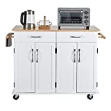 Kitchen Island Cart with Drawers and Large Storage Cabinet, Rolling Kitchen Cart with Adjustable Shelves, Lockable Casters, Rubber Wood Countertop, Easy to Assembly, White