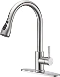 Keonjinn Kitchen Faucet with Pull Down Sprayer, Brushed Nickel Single Handle High Arc Kitchen Sink Faucet, Stainless Steel Kitchen Faucets with Deck Plate, Modern rv Pull Out Kitchen Faucets
