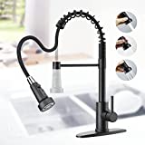 Kitchen Spring Faucets with Pull Down Sprayer-3 Functions Sprayer Commercial Kitchen Sink Faucets | Stainless Steel Single Handle Matte Black Kitchen Faucets for RV Utility Sink with Deck