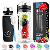 Zulay (34oz Capacity) Fruit Infuser Water Bottle With Sleeve - BPA Free Anti-Slip Grip & Flip Top Lid Infused Water Bottles for Women & Men - Water Infusion Bottle With Cleaning Brush - Onyx Black
