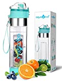 New Improved Unique Bottom Loading Fruit Infuser Water Bottle Complete Bundle Includes Bottle Brush, Insulating Sleeve & Infusion Recipe eBook. Leak Proof Sweat Proof BPA-Free (Teal)