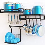 ETECHMART Hanging Pot Rack, 3 in 1 Wall Mounted Pan Holder with 10 Hooks, Cast Iron Dish Rack Cookware Organizer Spice Rack, Kitchen Storage for Utensils, 2 Installation Way, Easy Assembly, Black