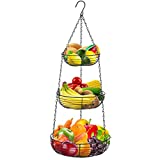 Home Intuition 3-Tier Hanging Fruit Produce Basket Heavy Duty Wire with 2 Metal Ceiling Hooks, Round, Black