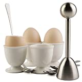 Egg Cracker Topper Set for Soft Hard Boiled Eggs Shell Removal Includes 1 Egg Cutter 4 Ceramic Egg Cups and 4 Spoons