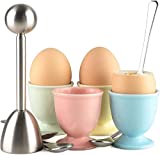 Ceramic Egg Cup Egg Cracker Topper Set for Soft Hard Boiled Eggs Shell Removal Includes 1 Egg Cutter 4 Ceramic Egg Cups and 4 Spoons (Egg Cracker Topper Set)