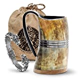 Norse Tradesman Premium Viking Drinking Horn Mug Bundle with Adjustable Viking Bracelet - 16 oz Premium Viking Beer Tankard with Reinforced Hardwood Bottom | 'The Eternal', Unpolished, Large