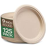 100% Compostable 9 Inch Paper Plates [125-Pack] Heavy-Duty Plate, Natural Disposable Bagasse Plate, Eco-Friendly Made of Sugarcane Fibers - Natural Unbleached Brown 9' Biodegradable Plate by Stack Man