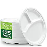 100% Compostable 10 Inch Heavy-Duty Plates [125-Pack] 3 Compartment Eco-Friendly Disposable White Bagasse Plate, Made of Natural Sugarcane Fibers - 10' Biodegradable Paper Plates by Stack Man