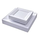 N9R 60 Pack White Square Plastic Plates - 30pcs Dinner Plates 9.5 Inch and 30pcs Square Disposable Dessert/Salad Plates 6.5 Inch - Disposable Plates Perfect for Party Wedding Birthday