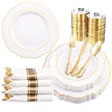 Liacere 350PCS Gold Plastic Plates - Disposable White and Gold Plastic Plates include 100Plates, 50 Pack Pre Rolled Napkins with Gold Plastic Silverware and 50Cups Perfect for Wedding & Party