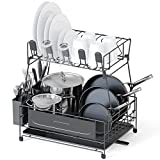 2 in 1 Kitchen Dish Drying Rack, 2-Tier Dish Rack for Kitchen Counter with Drainboard, Stainless Steel Large Capacity Dishrack, Multifunctional Rustproof Dish Drainer, Black