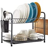 NATUROUS Dish Rack, 2 Tier Dish Drying Rack Kitchen Organizer with Drain Board, Utensil Holder, Cutting Board Holder, Gray