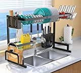 Upgrade Over The Sink Dish Drying Rack Adjustable (33.5'-40'), Stainless Steel Length Expandable Kitchen Drainer, 2 Tier Countertop Organizer Supplies Storage Shelf Display Utensil Hooks Space Saver.
