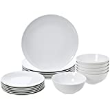 Amazon Basics 18-Piece Kitchen Dinnerware Set, Plates, Dishes, Bowls, Service for 6, White Porcelain Coupe