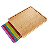Easy-to-Clean Bamboo Wood Cutting Board with set of 6 Color-Coded Flexible Cutting Mats with Food Icons - Chopping Board Set