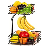 Auledio 2-Tier Square Countertop Fruit Vegetables Basket Bowl Storage With Banana Hanger, Black