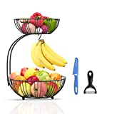Riccle Fruit Basket For Kitchen Counter - 2 Tier Fruit Basket With Banana Hanger - Double Layer Metal Wire Fruit Bowl For Kitchen Countertop - Two Tiered Fruit Holder For Produce, Vegetables, Kitchen