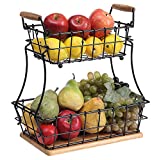 SunnyPoint 2-Tier Rectangle Countertop Fruit, Bread Wire Basket (Black, Metal + Wood base)