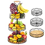 Fruit Basket, Vegetables Countertop Bowl Storage With Banana Hanger, Detachable Bread, Snacks Baskets Holder Large Capacity Fruit Tray (Bamboo&Iron - 3 Tier)