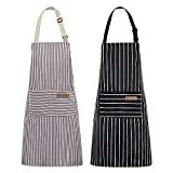 NLUS 2 Pack Kitchen Cooking Aprons, Adjustable Bib Soft Chef Apron with 2 Pockets for Men Women (Black/Brown Stripes)