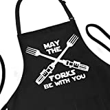 APRON DADDY Funny Apron, May The Forks Be With You - Novelty Funny Cooking Apron for Movie Fans - Extra Large 1 Size Fits All - Poly/Cotton Apron with 2 Pockets - Star Gift for Cook, Husband,