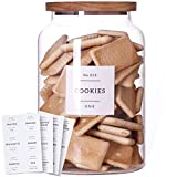 1 Gallon Large Glass Cookie jar with Airtight Acacia lids - Thicken Big Food Storage Containers with 42 Kitchen Waterproof Pantry Labels Preprinted - Clear Glass Canister for Flour, Rice, Coffee