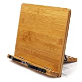 Bamboo Book Stand,wishacc Adjustable Book Holder Tray and Page Paper Clips-Cookbook Reading Desk Portable Sturdy Lightweight Bookstand-Textbooks Books