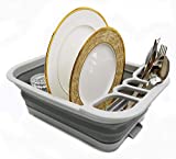 SAMMART Collapsible Dish Drainer with Drainer Board - Foldable Drying Rack Set - Portable Dinnerware Organizer - Space Saving Kitchen Storage Tray (1, Grey)