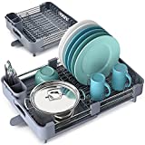 TOOLF Extendable Dish Rack, Dual Part Dish Drainers with Non-Scratch and Movable Cutlery Drainer and Drainage Spout, Adjustable Dish Drying Rack for Kitchen, 1 Piece Grey