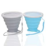 Silicone Collapsible Cups for Camping Travel, Small Portable Drinking Cup with Lids Reusable for Outdoor Hiking 270ml (Blue & Gray, 2Pack)