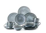 Pangu 16-Piece Dinnerware Set, Service for 4, Grey with White Stripes, 4 Bowls, 4 Dishs, 4 Salad Plates, 4 Mugs, Zen