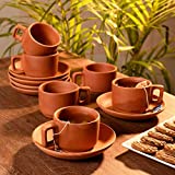 Odishabazaar Cup Set Handcrafted Terracotta Pottery Chai (Tea) Kulhad/Kullar/Cups with 6 Plate Traditional Tea/Coffee Cups Clay Tea Mug Set of (6 Cup & 6 Saucer) (brown)