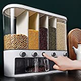 Xilei Dry Food Dispenser ,Wall mounted 5 Grid Cereal Dispenser,Rice dispenser 25 pounds Kitchen Storage with Measuring Cup