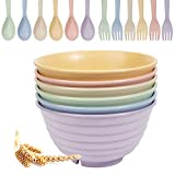 Unbreakable Cereal Bowls - 30 OZ Wheat Straw Fiber Lightweight Bowl Sets of 6 - with 6 Spoons & 6 Forks - for Rice Noodle Soup Breakfast Bowls - Dishwasher & Microwave Safe