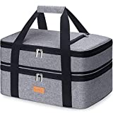 Poruary Double Casserole Carrier for Hot or Cold Food,Expandable Insulated Bag,Perfect Lasagna Holder Tote for Potlucks, Picnics,Beaches,Traveling or Gifts,Fits 9“x13” Baking Dish,Gray
