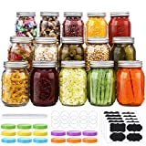 15 Pcs Mason Jars 16 oz with Lids, Regular Mouth Canning Jars with Metal Airtight Lids and Bands, Extra Leak-Proof Colored Lids, Chalkboard Labels, Marker, for Meal Prep, Food Storage, Canning, Preserving