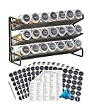 3 Tier Spice Rack Organizer with 21 Empty Spice Jars, 386 Spice Labels, Chalk Marker and Funnel Set for Countertop Cabinet Pantry or Wall Door Mount