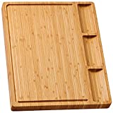 Large Bamboo Wood Cutting Board for Kitchen, Cheese Charcuterie Board with 3 Built-in Compartments and Juice Grooves, Butcher Block (17x12.6')