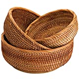 Jucoan 3 Pack Natural Wicker Fruits Bread Baskets, Vintage Round Food Serving Baskets, Handmade Rattan Storage Baskets for Kitchen, Home, 3-Size