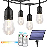 3-Color in 1 Dimmable Solar String Lights Outdoor,48ft LED Patio String Lights with Remotes,15 Hanging Sockets,Waterproof Shatterproof,Warm White Daylight White Lights for Backyard,Garden